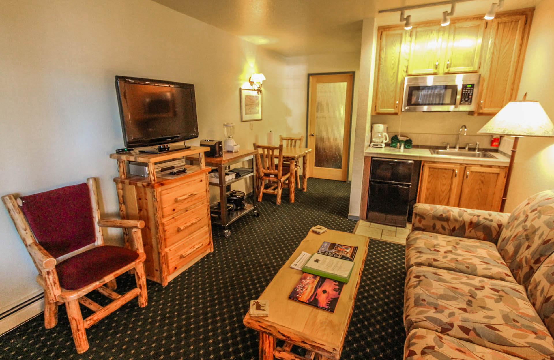 A studio unit with a kitchenette at VRI's The Lodge at Lake Tahoe in California.
